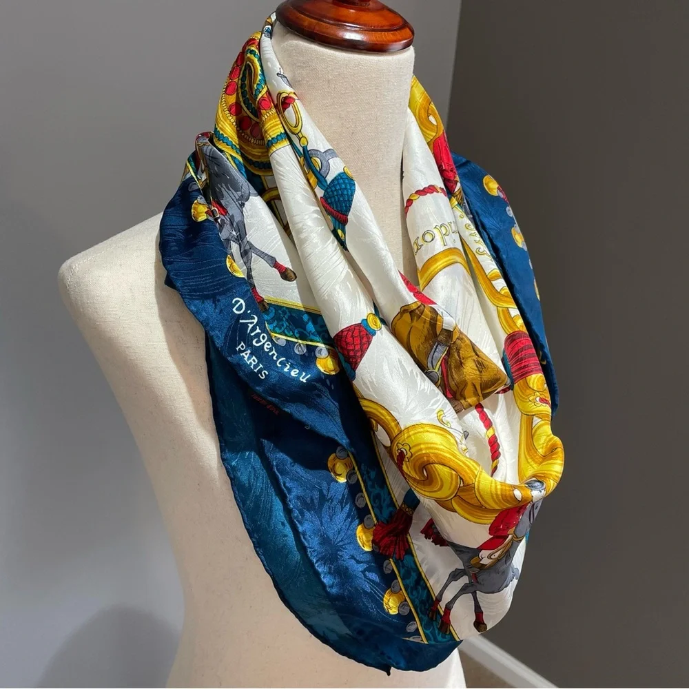RARE D’Argenlieu Paris Equestrian 100% Silk Scarf Sq 34x34 English Countryside